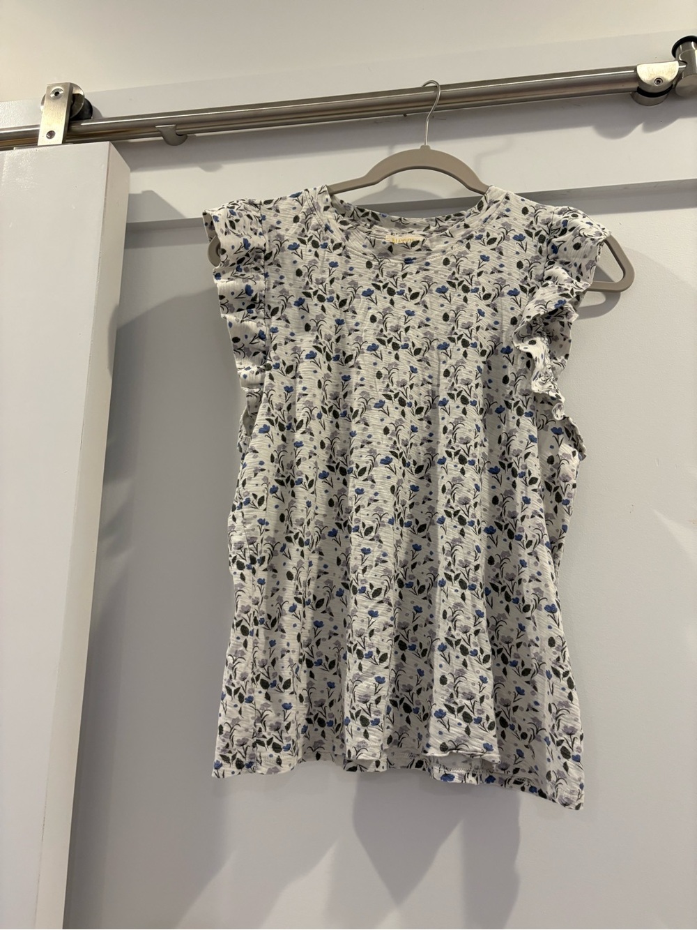 Nation LTD White Floral Ruffle Sleeve Top with Blue Accents